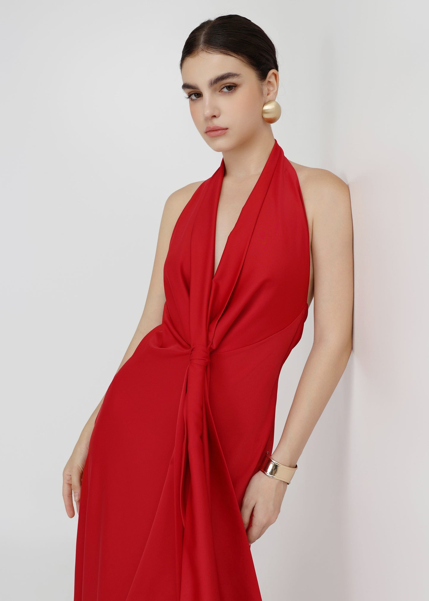 The Essence Dress – Refined Satin V-Neckline Dress with Bow-Tie Detail and Open Back