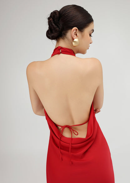 The Essence Dress – Refined Satin V-Neckline Dress with Bow-Tie Detail and Open Back