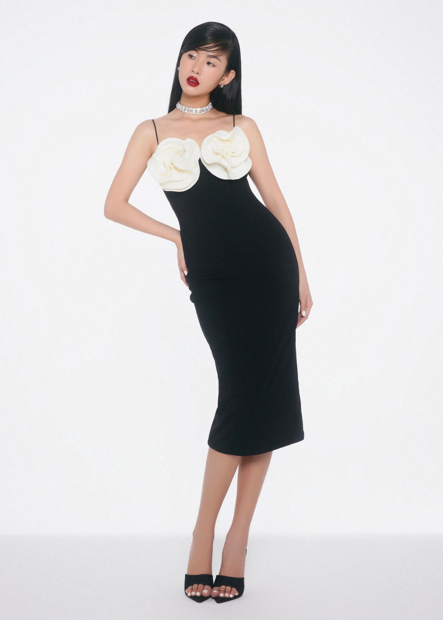 Eternal Rose Dress – Black Romantic Bodycon Midi Dress with 3D Rose Accents - Em de Maison