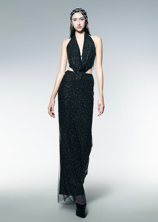 The Glamour Dress – Glamorous Black Cowl Neck Gown with Side Cutouts and Sparkling Stones Fabric - Em de Maison