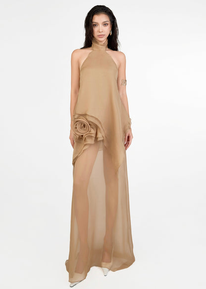 The Haven Dress – Romantic Rose-Adorned Halter Neck Chiffon Dress - Em de Maison
