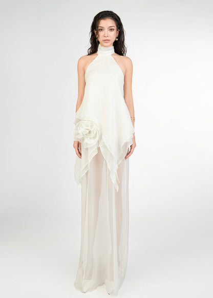 The Haven Dress – Romantic Rose-Adorned Halter Neck Chiffon Dress - Em de Maison