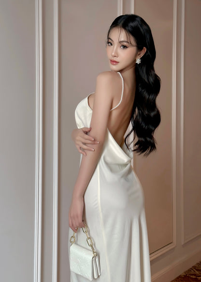 The Muse Dress - Timeless Halter Silky Dress with Pearl Straps and Open Back - Em de Maison