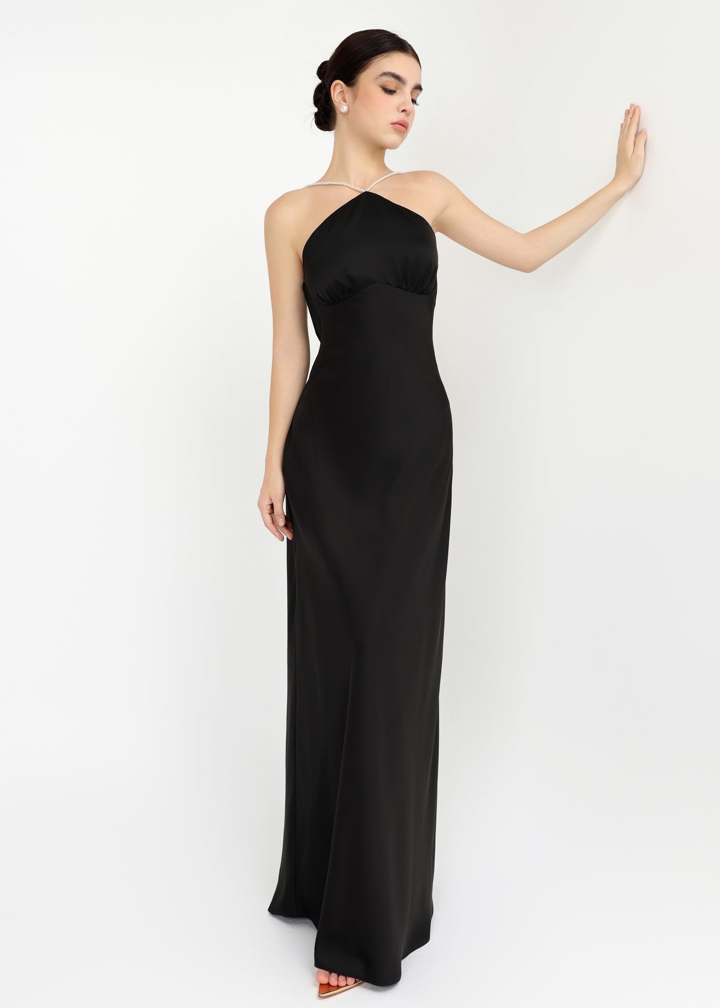 The Muse Dress - Timeless Halter Silky Dress with Pearl Straps and Open Back