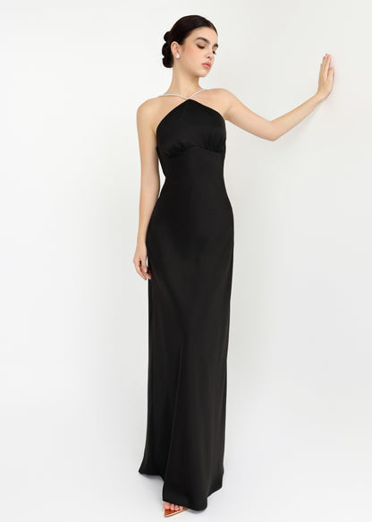 The Muse Dress - Timeless Halter Silky Dress with Pearl Straps and Open Back