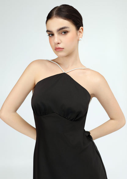 The Muse Dress - Timeless Halter Silky Dress with Pearl Straps and Open Back