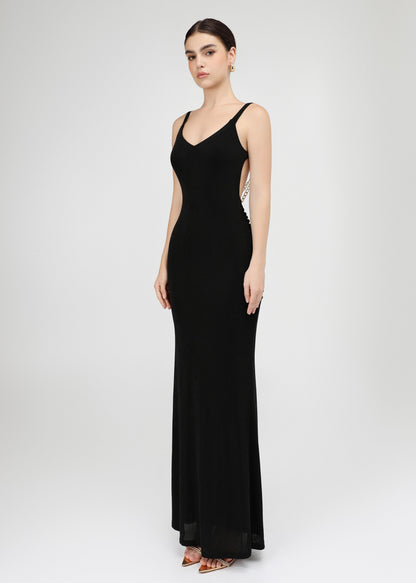 The Mystic Dress - Glamorous Black Dress with Cascading Gold Chains and Open Back - s The Mystic Dress - Glamorous Black Dress with Cascading Gold Chains and Open Back - s