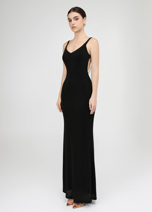The Mystic Dress - Glamorous Black Dress with Cascading Gold Chains and Open Back
