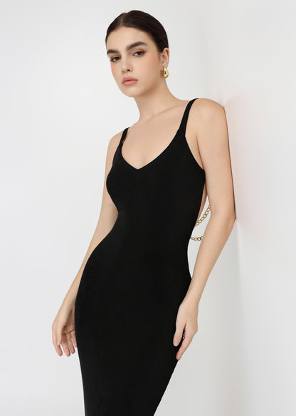 The Mystic Dress - Glamorous Black Dress with Cascading Gold Chains and Open Back