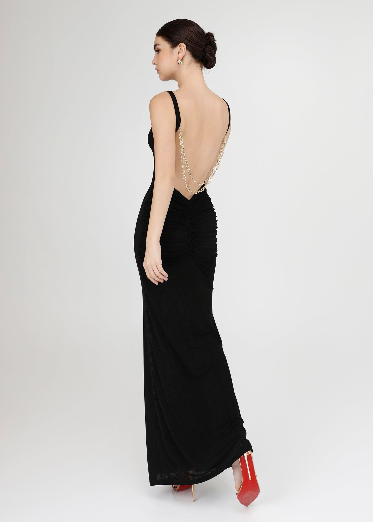 The Mystic Dress - Glamorous Black Dress with Cascading Gold Chains and Open Back