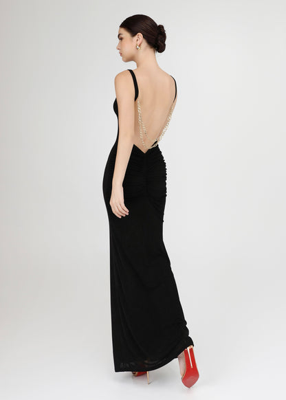 The Mystic Dress - Glamorous Black Dress with Cascading Gold Chains and Open Back