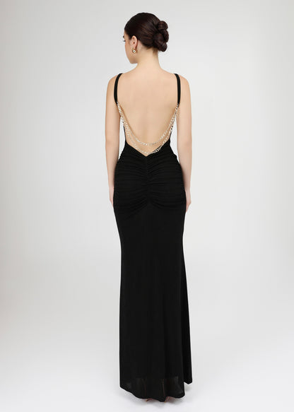 The Mystic Dress - Glamorous Black Dress with Cascading Gold Chains and Open Back
