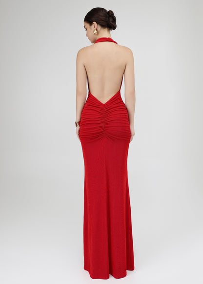 The Ruby Dress - Bold Red Draped Cowl Neck Gown with Open Back and Ruched Detailing