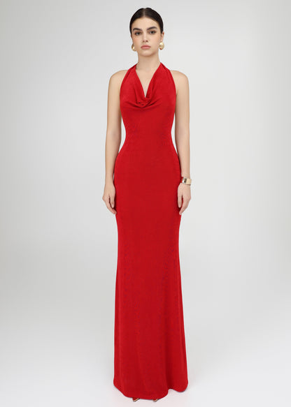 The Ruby Dress - Bold Red Draped Cowl Neck Gown with Open Back and Ruched Detailing