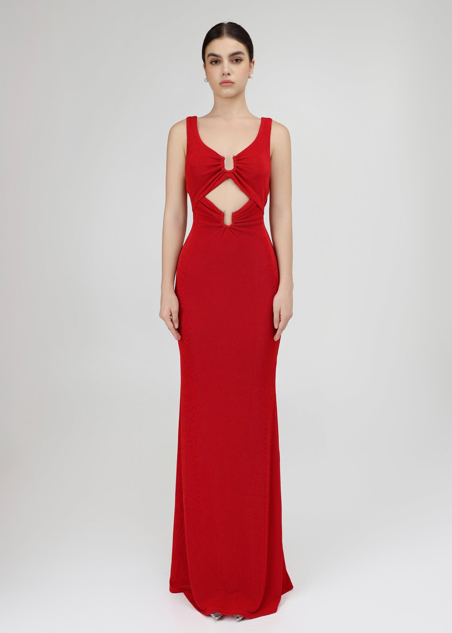 The Scarlet Dress - Sensual Red V-Neckline Midi Dress with Front Cut-out