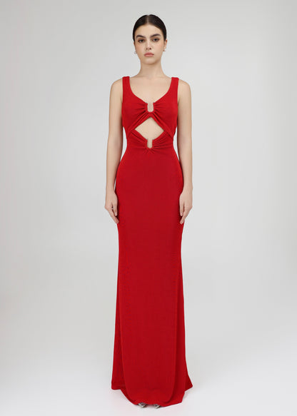 The Scarlet Dress - Sensual Red V-Neckline Midi Dress with Front Cut-out
