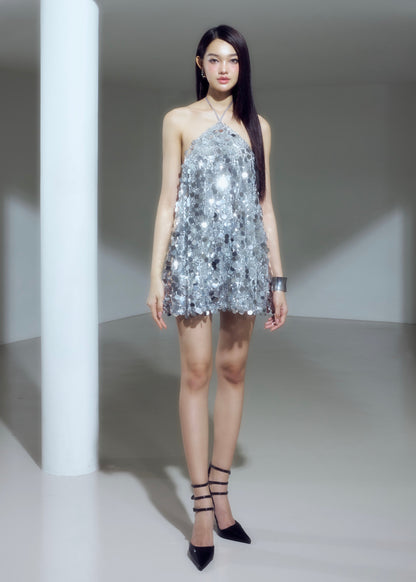 The Swan Dress – Silver Sparkling Sequin Halter Mini Dress with Dramatic Open Back - Em de Maison
