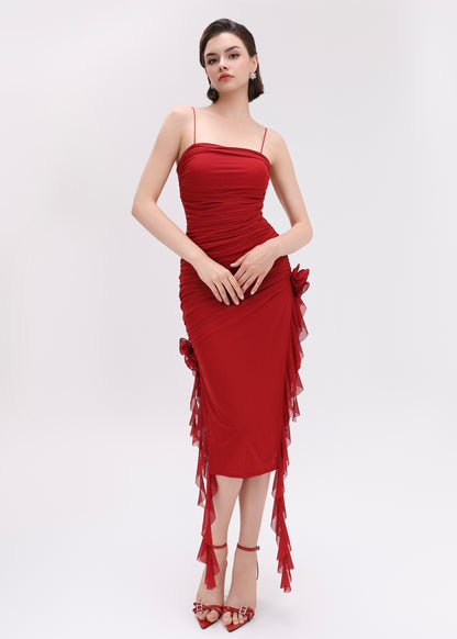 The Rossa Dress - Ravishing Red Ruched Midi Dress with Floral Detail a New Em The Rossa Dress - Ravishing Red Ruched Midi Dress with Floral Detail a New Em
