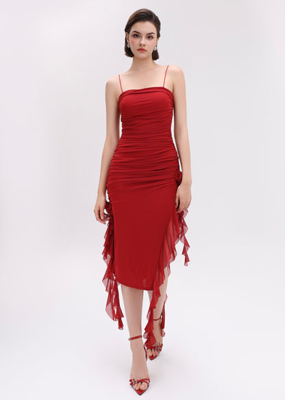 The Rossa Dress - Ravishing Red Ruched Midi Dress with Floral Detail and Cascading Ruffle Slit
