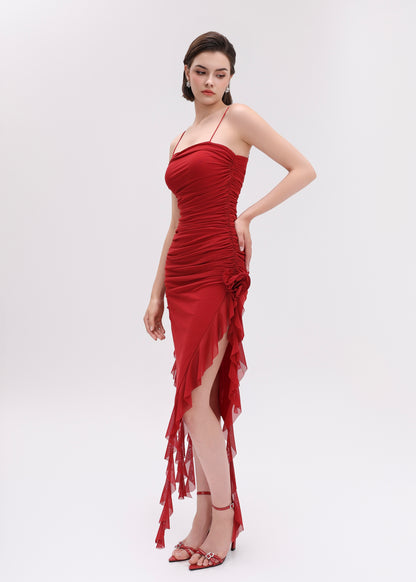 The Rossa Dress - Ravishing Red Ruched Midi Dress with Floral Detail and Cascading Ruffle Slit
