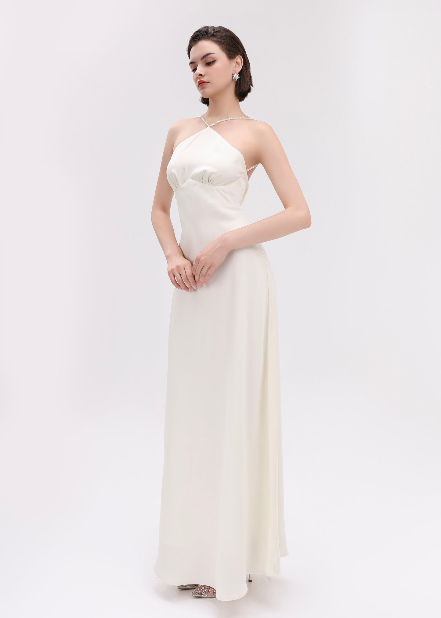 The Muse Dress - Timeless Halter Silky Dress with Pearl Straps and Open Back