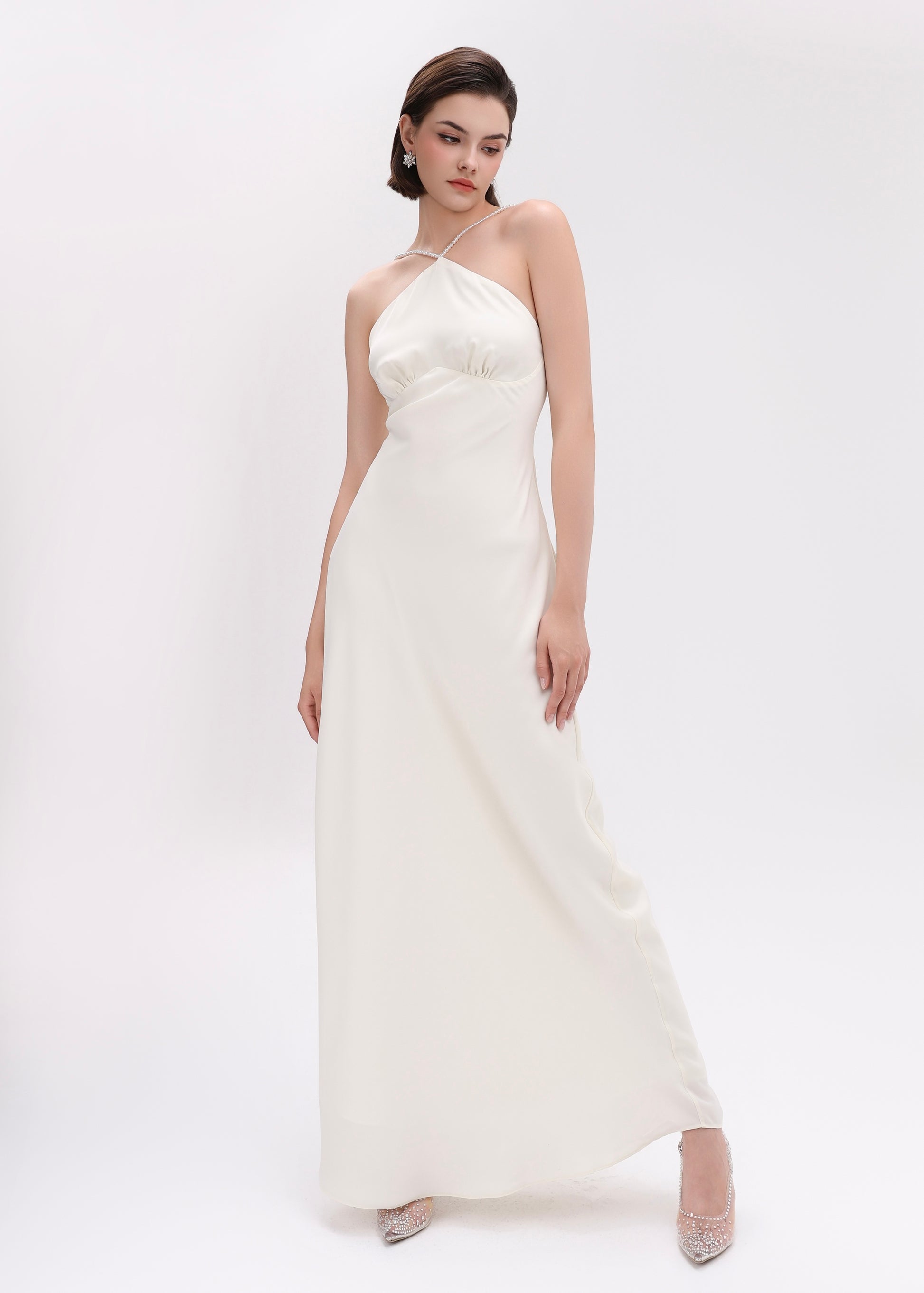 The Muse Dress - Timeless Halter Silky Dress with Pearl Straps and Ope New Em The Muse Dress - Timeless Halter Silky Dress with Pearl Straps and Ope New Em