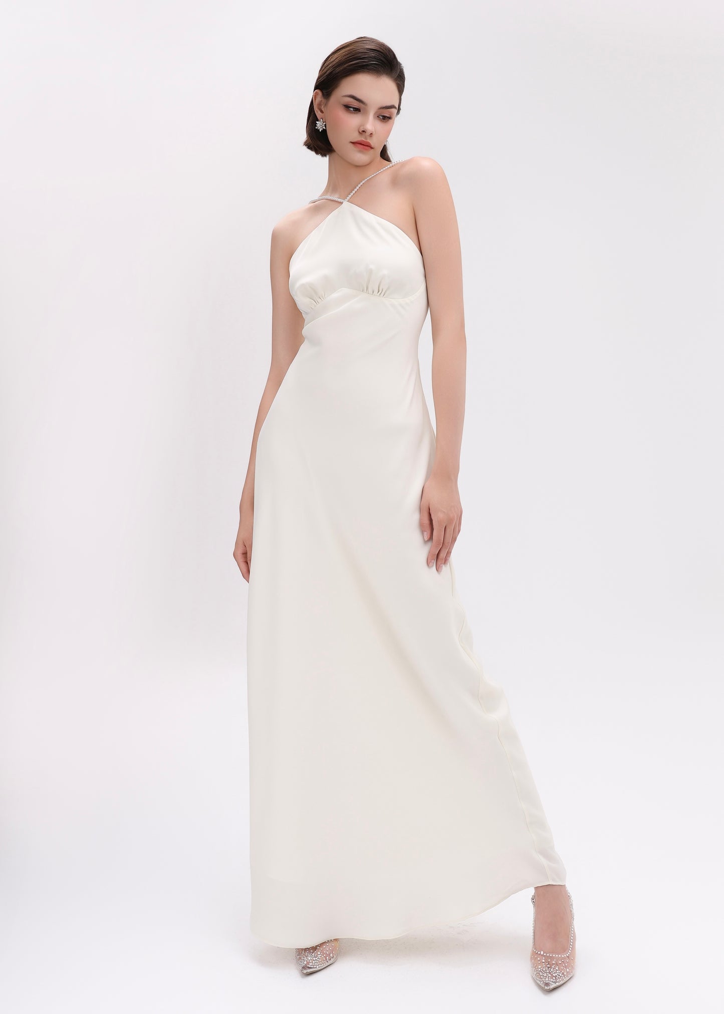 The Muse Dress - Timeless Halter Silky Dress with Pearl Straps and Open Back