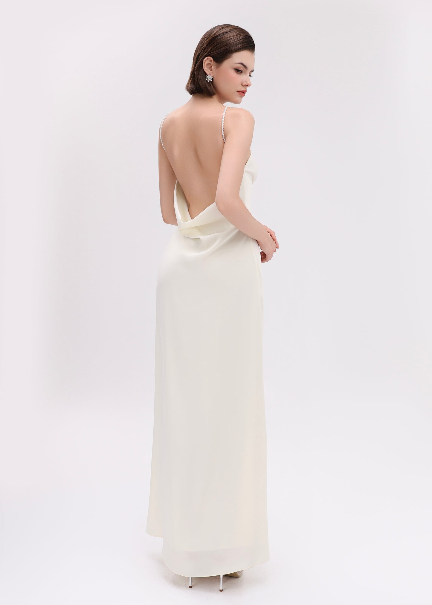 The Muse Dress - Timeless Halter Silky Dress with Pearl Straps and Open Back