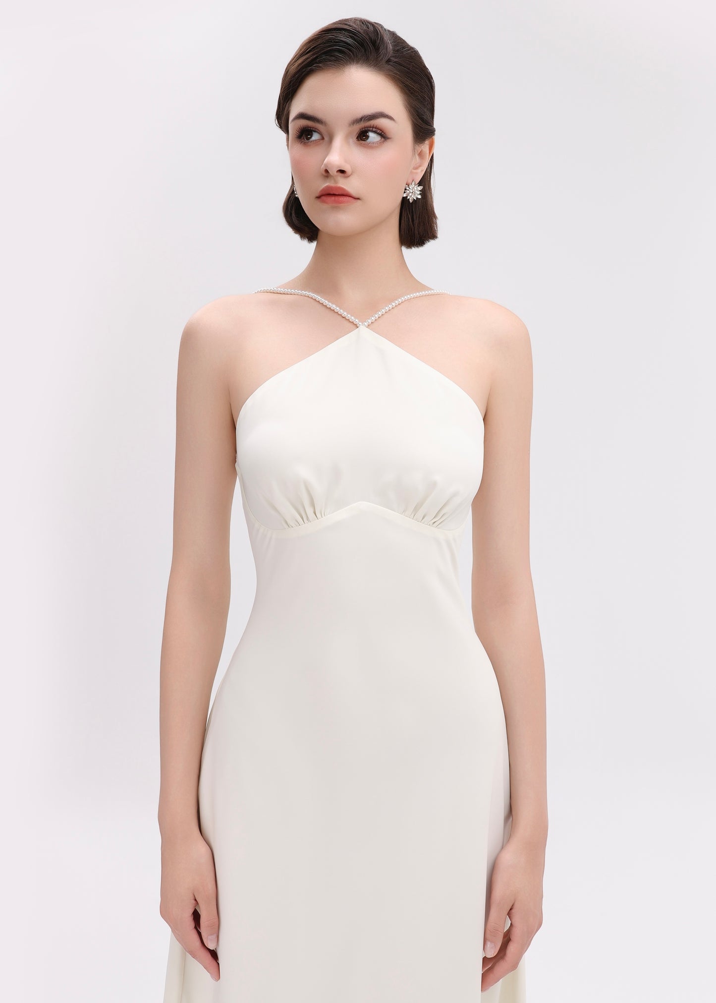 The Muse Dress - Timeless Halter Silky Dress with Pearl Straps and Open Back