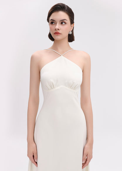 The Muse Dress - Timeless Halter Silky Dress with Pearl Straps and Open Back
