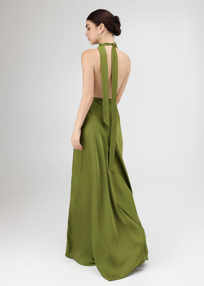 The Vine Dress – Olive Green Silky Plunging Draped Cowl Neck Gown with Open Back