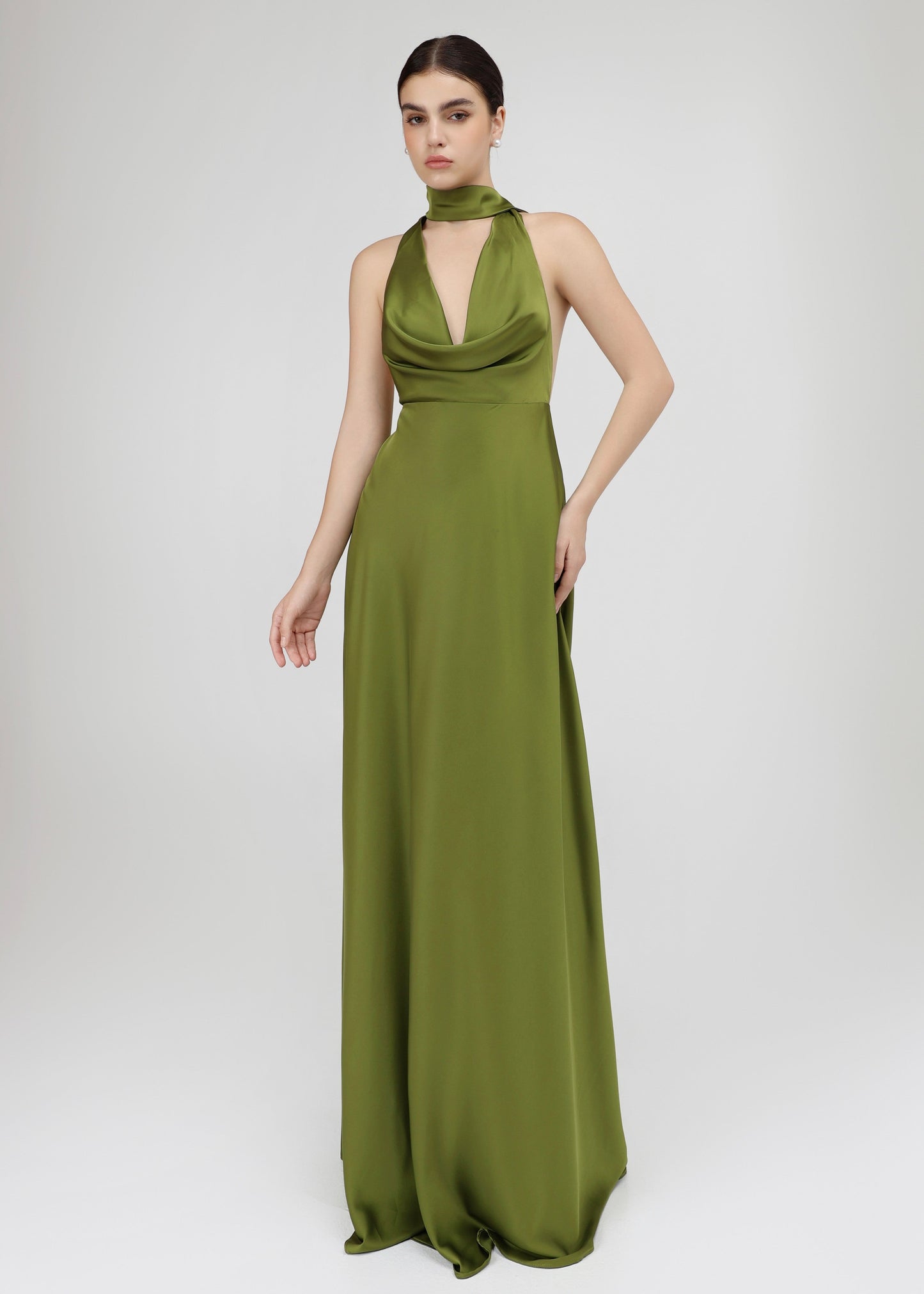 The Vine Dress Olive Green Silky Plunging Draped Cowl Neck Gown with Open Back - s The Vine Dress Olive Green Silky Plunging Draped Cowl Neck Gown with Open Back - s
