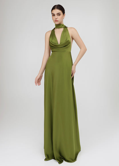 The Vine Dress – Olive Green Silky Plunging Draped Cowl Neck Gown with Open Back
