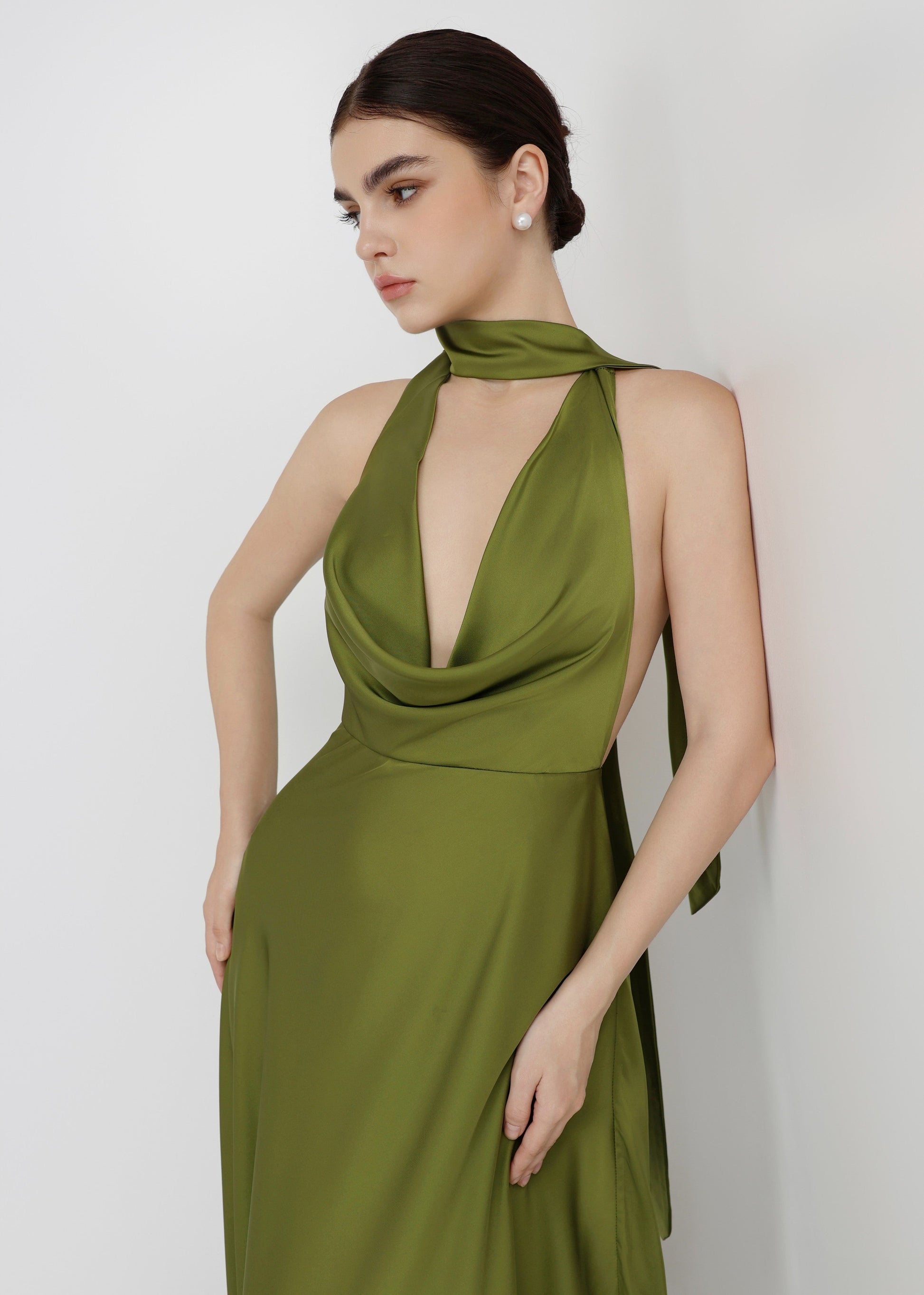 The Vine Dress Olive Green Silky Plunging Draped Cowl Neck Gown with Open Back - s The Vine Dress Olive Green Silky Plunging Draped Cowl Neck Gown with Open Back - s