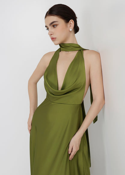 The Vine Dress – Olive Green Silky Plunging Draped Cowl Neck Gown with Open Back